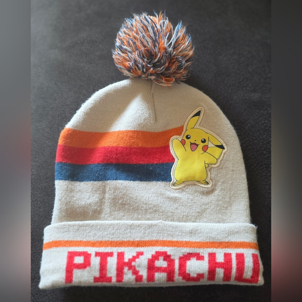 Pokemon Pikachu Knit Beanie Cuffed Pom Poms Beige Red 2022 Hat